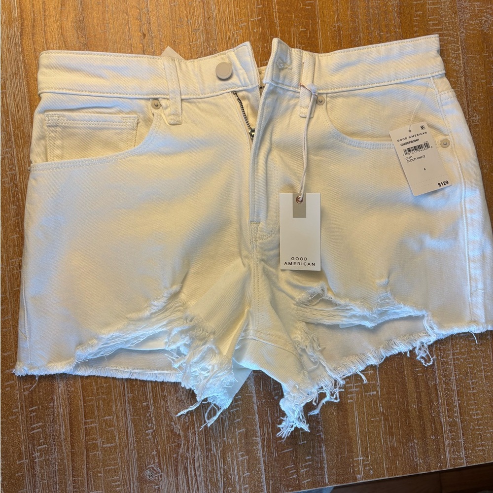 Good American White Jean Shorts with Frayed Hem